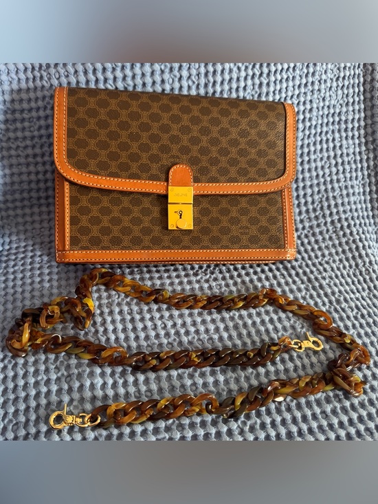 Celine Handbags - Celine Brown Monogram Canvas Crossbody with Cognac Trim and Gold Lock